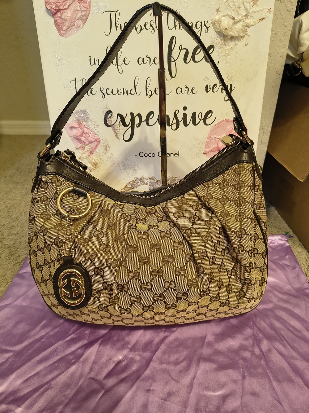 Gucci Beige Brown GG Canvas Shoulder Bag with Leather Trim